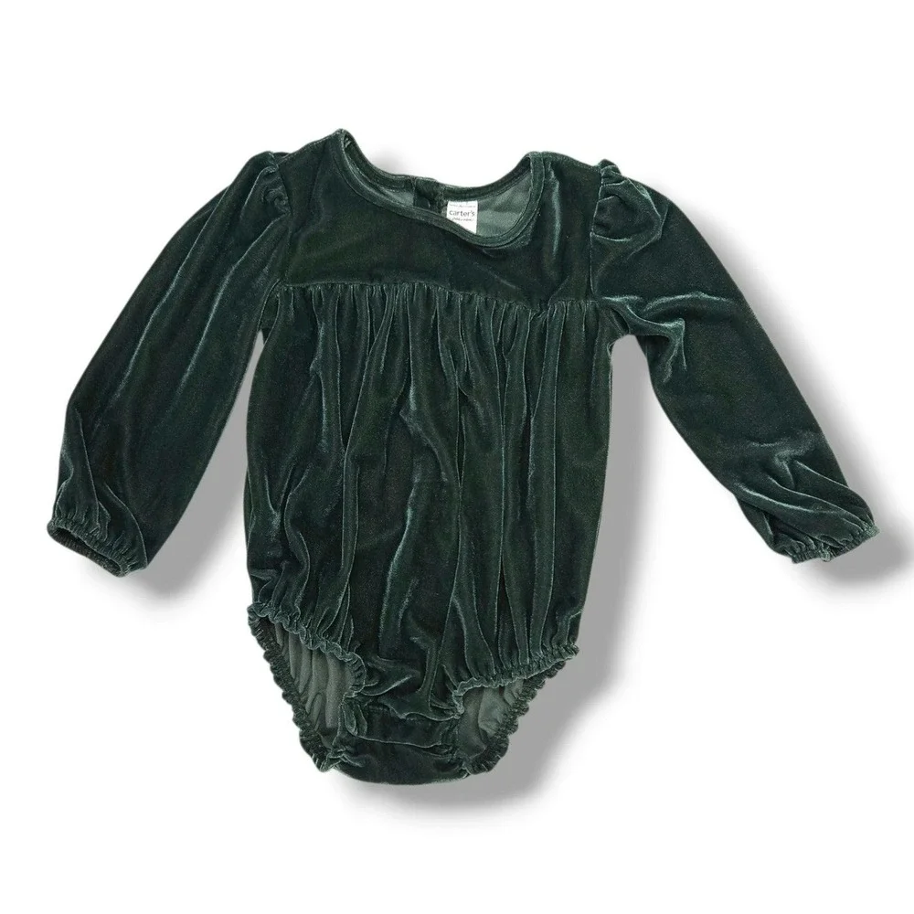 Carter's Girls Velvet Long Sleeve Puff Sleeve Bodysuit Emerald Green 24M